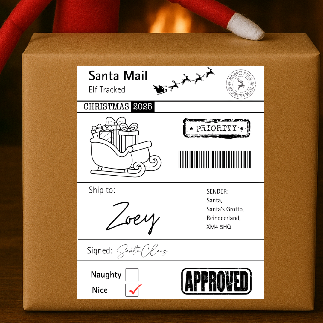 Santa Mail Postage Labels - Personalised Christmas Stickers for Letters to Santa - Naughty or Nice Options - Festive Mail Envelope Seals