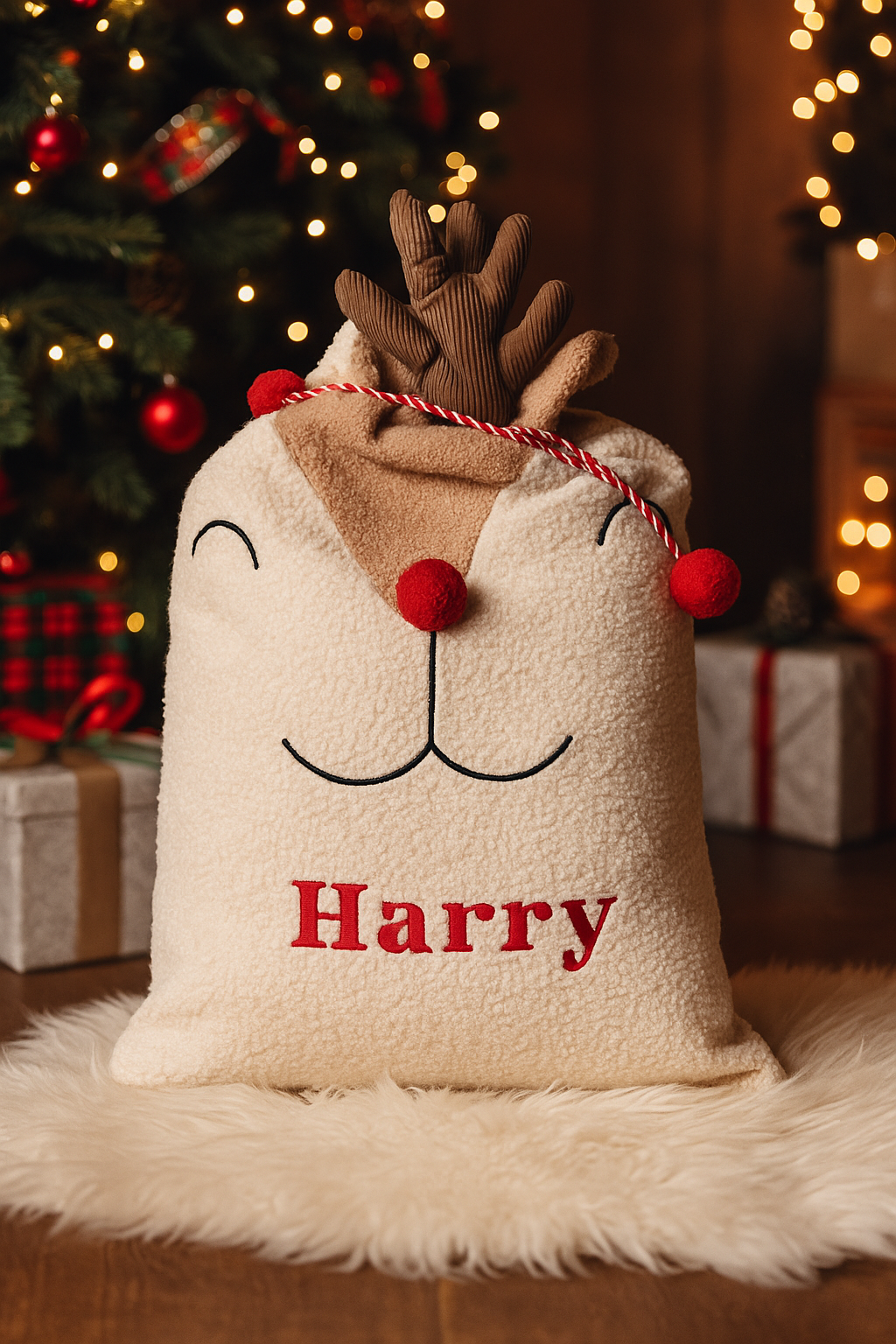 Kids Santa Reindeer Sack Personalised Name Christmas Gift Bag